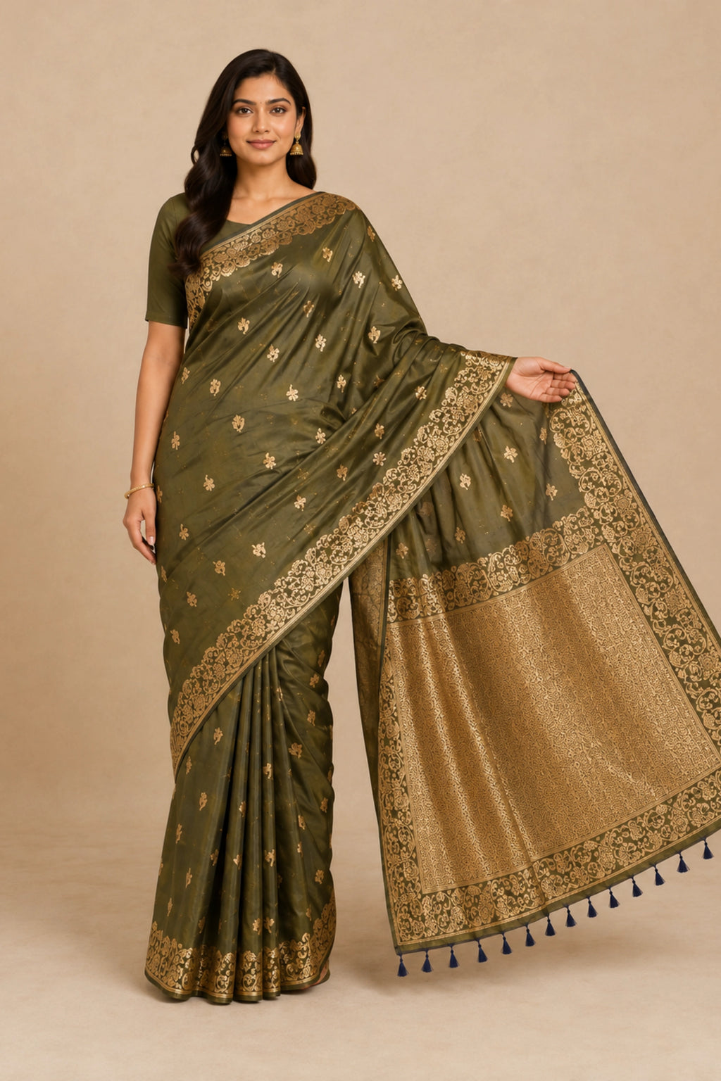 Olive Green Banarasi-Inspired Silk Saree with Gold Zari Border