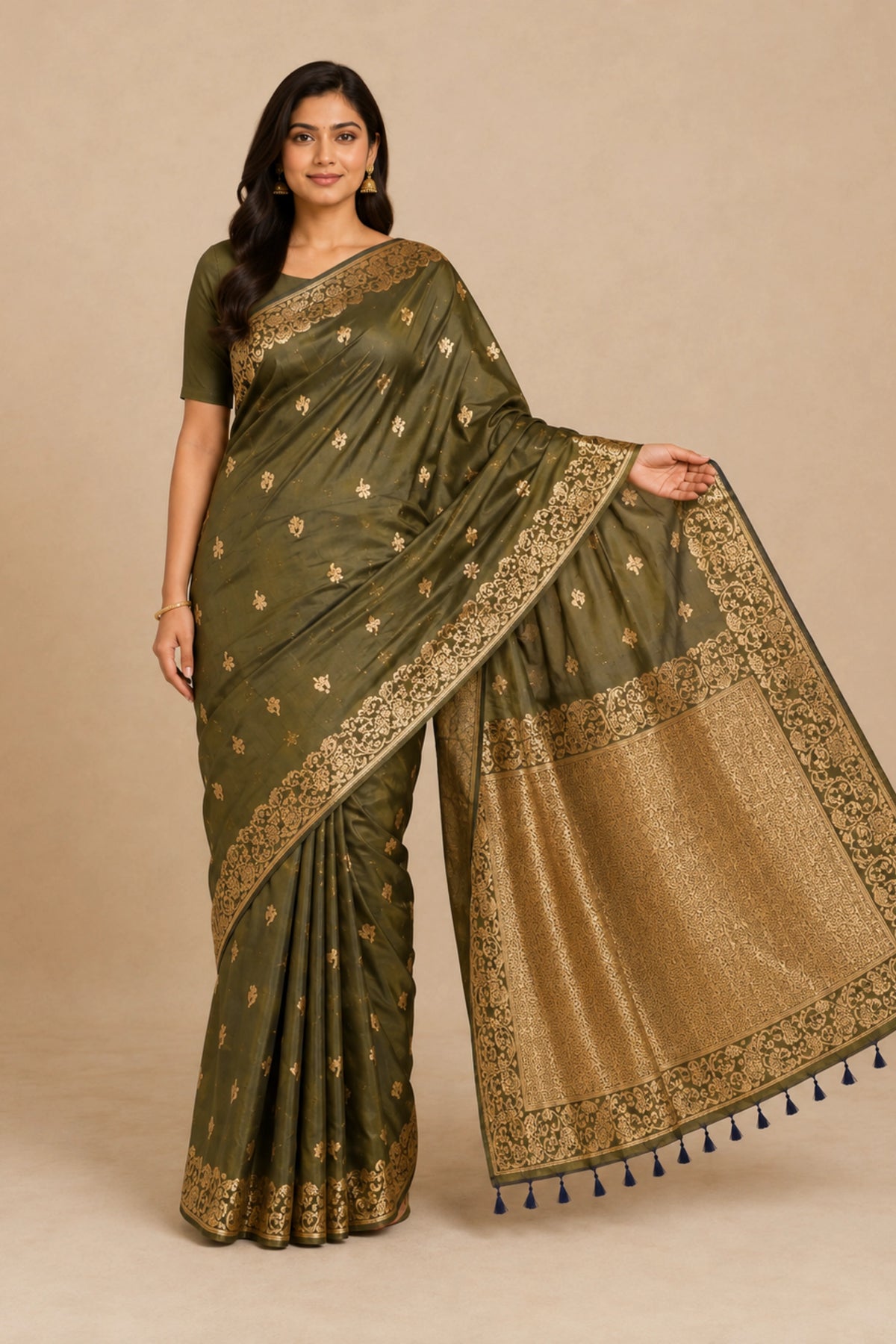 Olive Green Banarasi-Inspired Silk Saree with Gold Zari Border