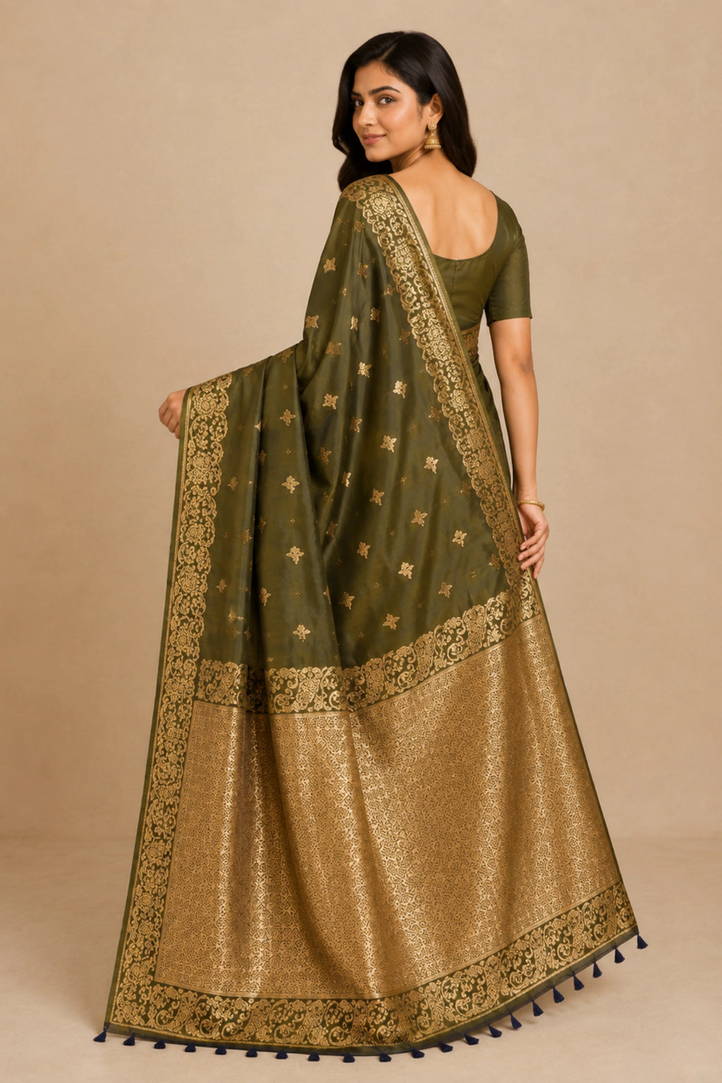 Olive Green Banarasi-Inspired Silk Saree with Gold Zari Border