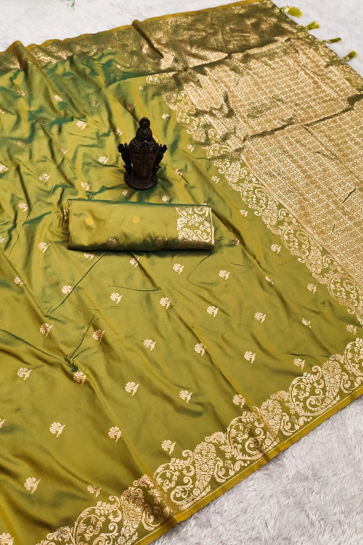 Mehendi Green Banarasi-Inspired Silk Saree with Gold Zari Border