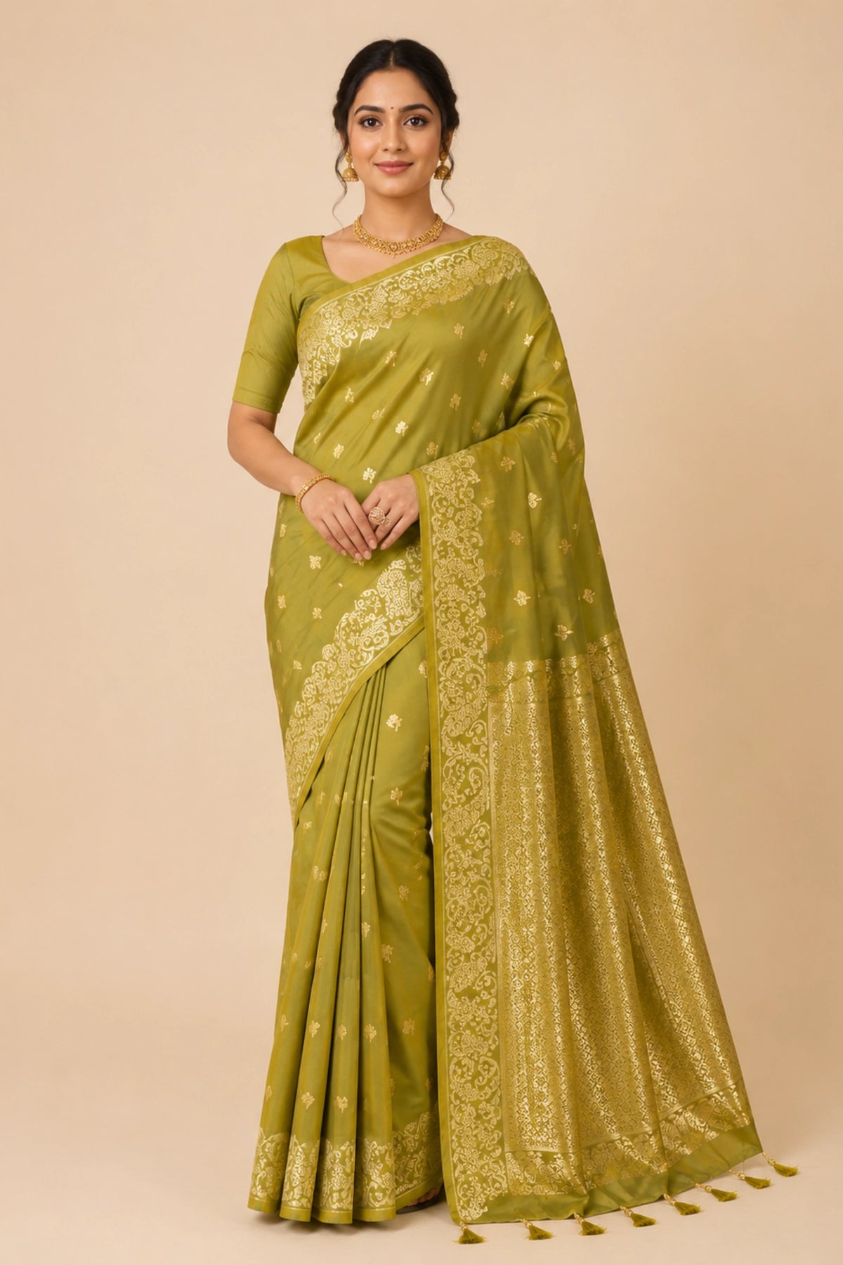 Mehendi Green Banarasi-Inspired Silk Saree with Gold Zari Border