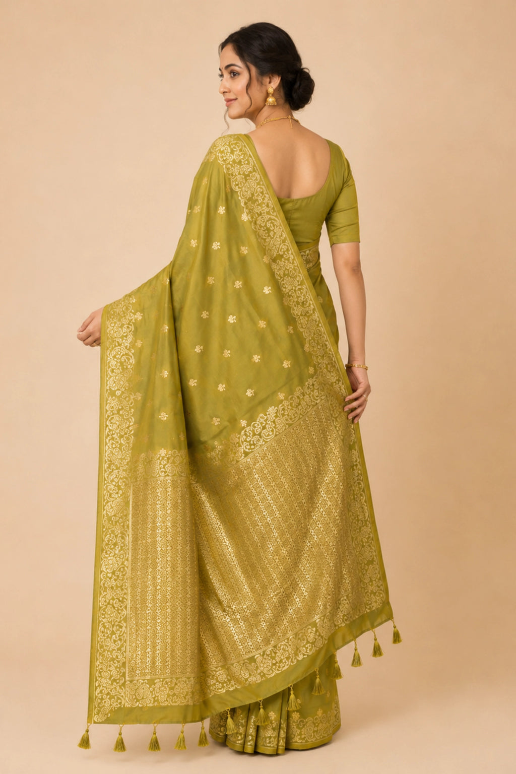Mehendi Green Banarasi-Inspired Silk Saree with Gold Zari Border
