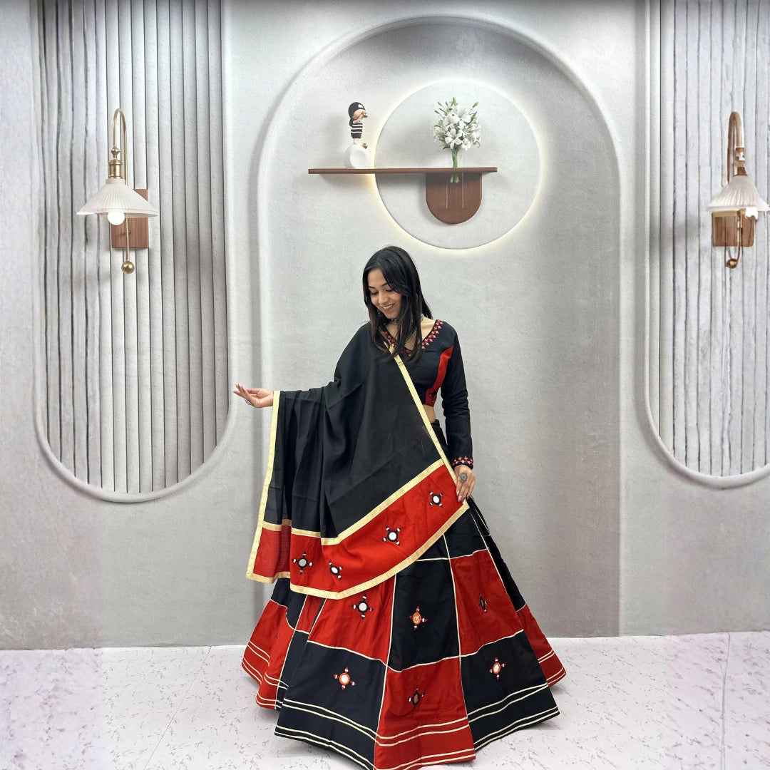 Black & Red Panelled Lehenga Set