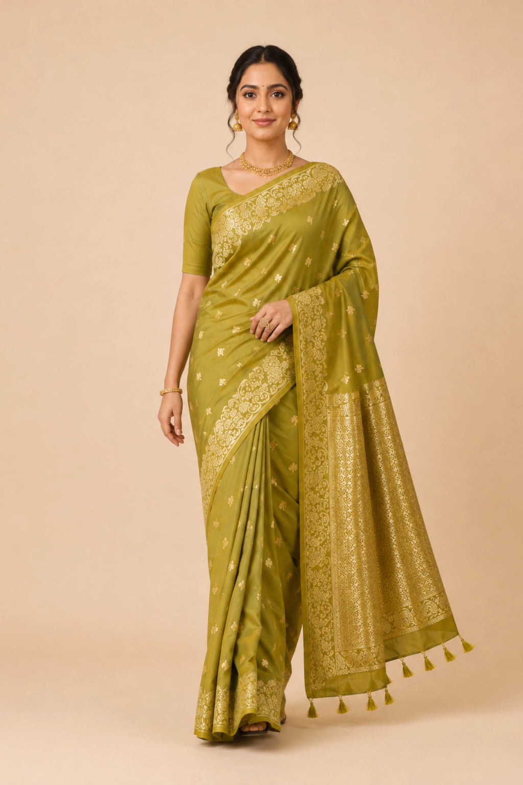 Mehendi Green Banarasi-Inspired Silk Saree with Gold Zari Border