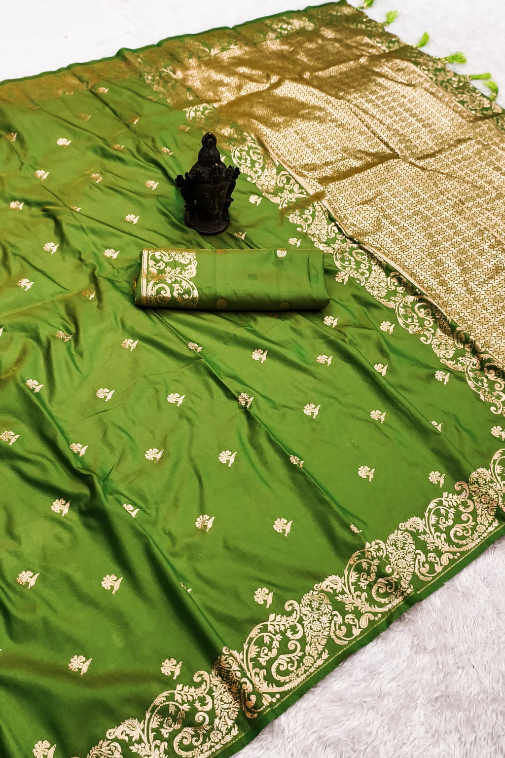 Parrot Green Banarasi-Inspired Silk Saree with Gold Zari Border
