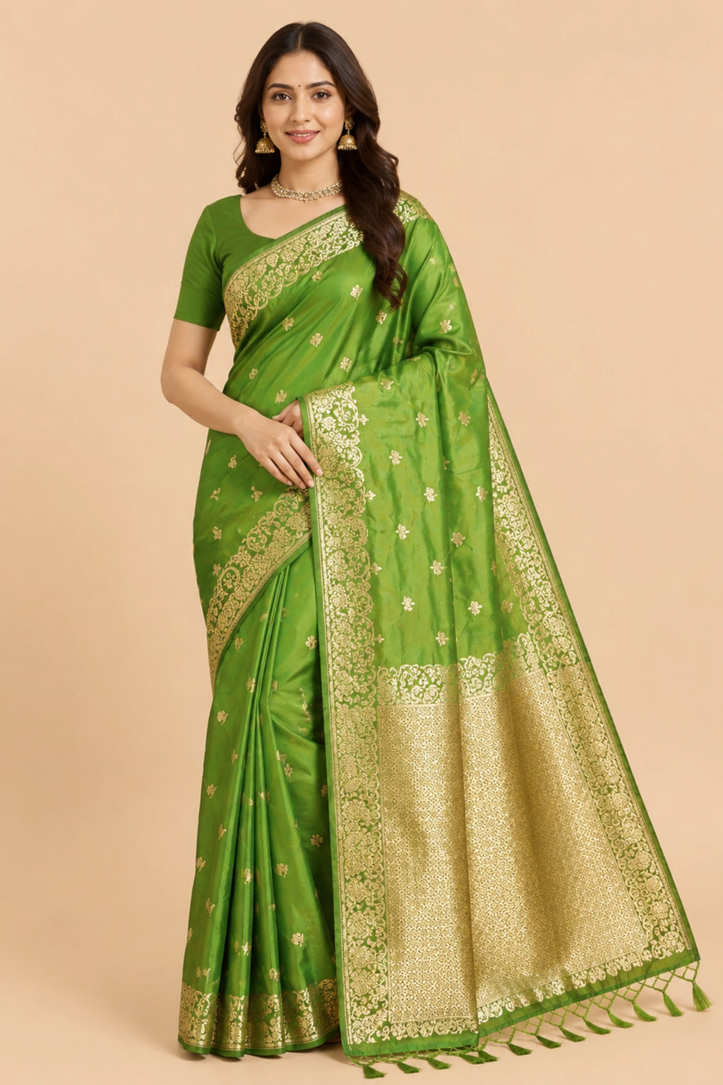 Parrot Green Banarasi-Inspired Silk Saree with Gold Zari Border