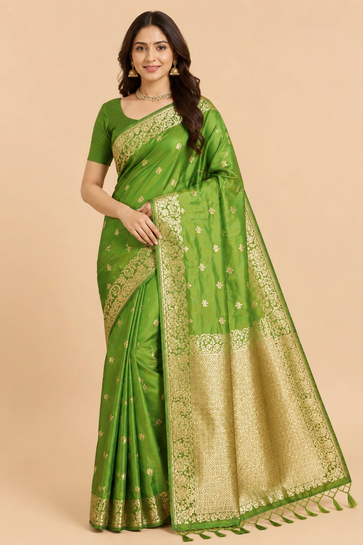 Parrot Green Banarasi-Inspired Silk Saree with Gold Zari Border