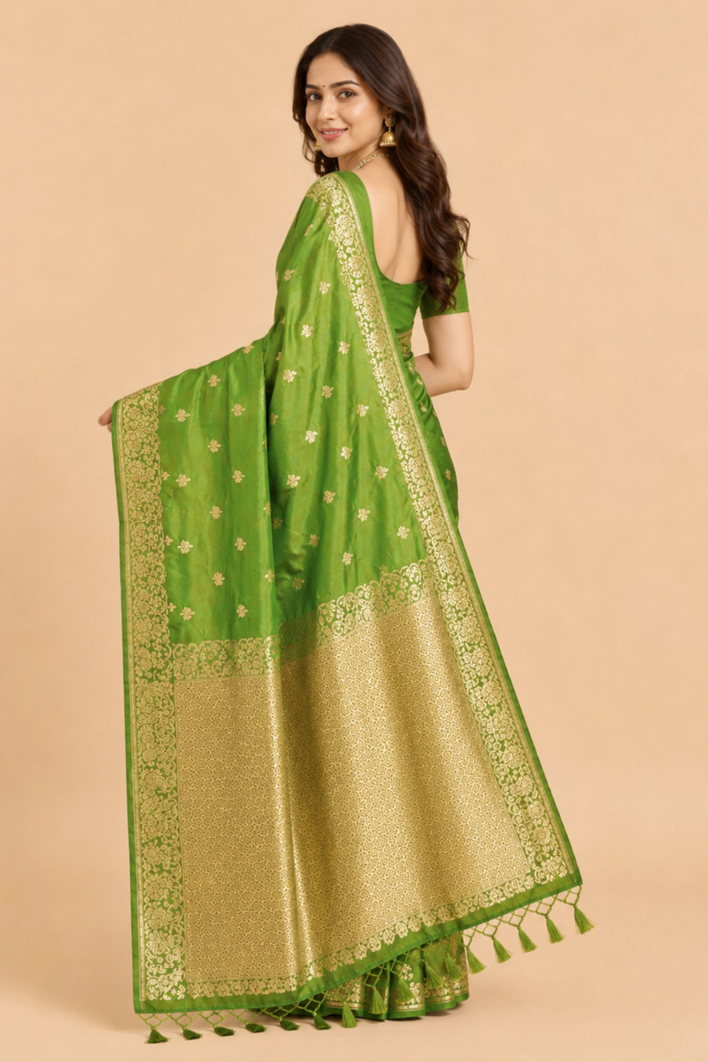 Parrot Green Banarasi-Inspired Silk Saree with Gold Zari Border