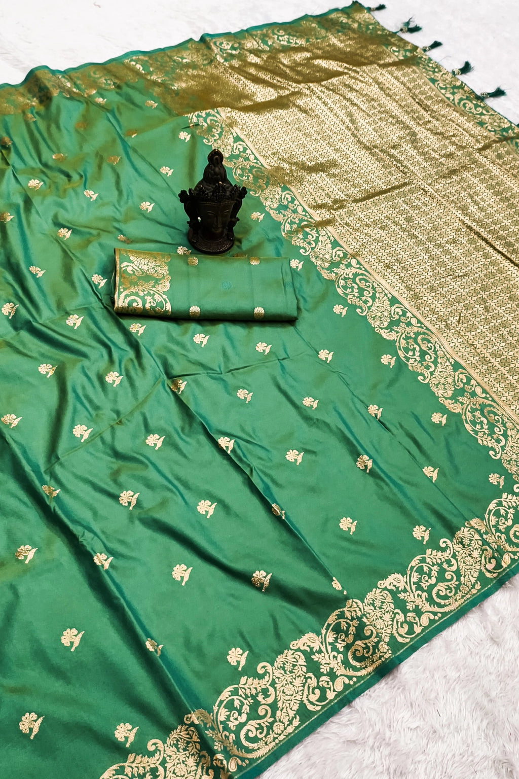 Sea Green Banarasi-Inspired Silk Saree with Gold Zari Border