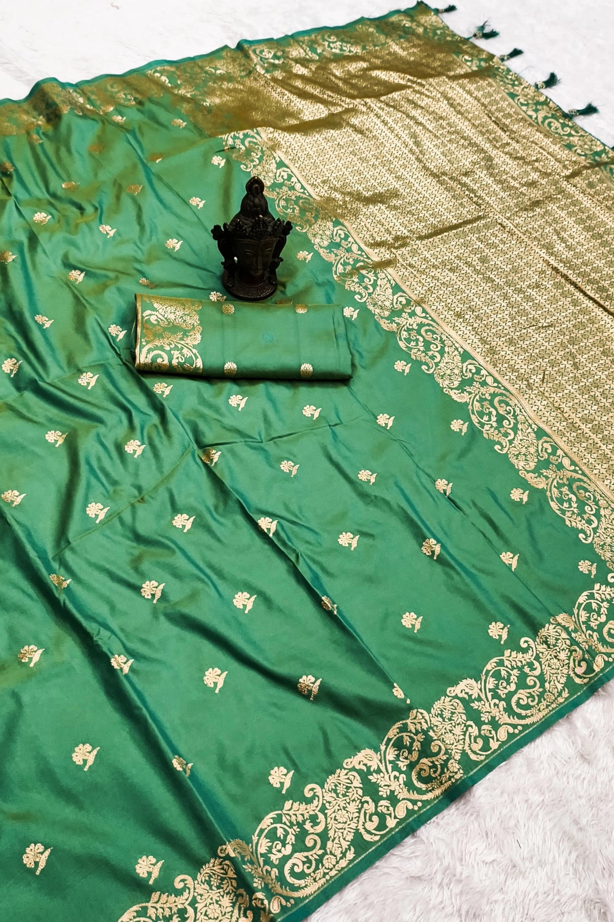 Sea Green Banarasi-Inspired Silk Saree with Gold Zari Border