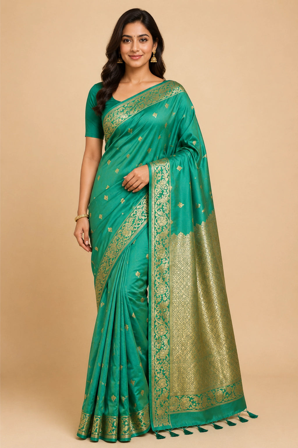 Sea Green Banarasi-Inspired Silk Saree with Gold Zari Border