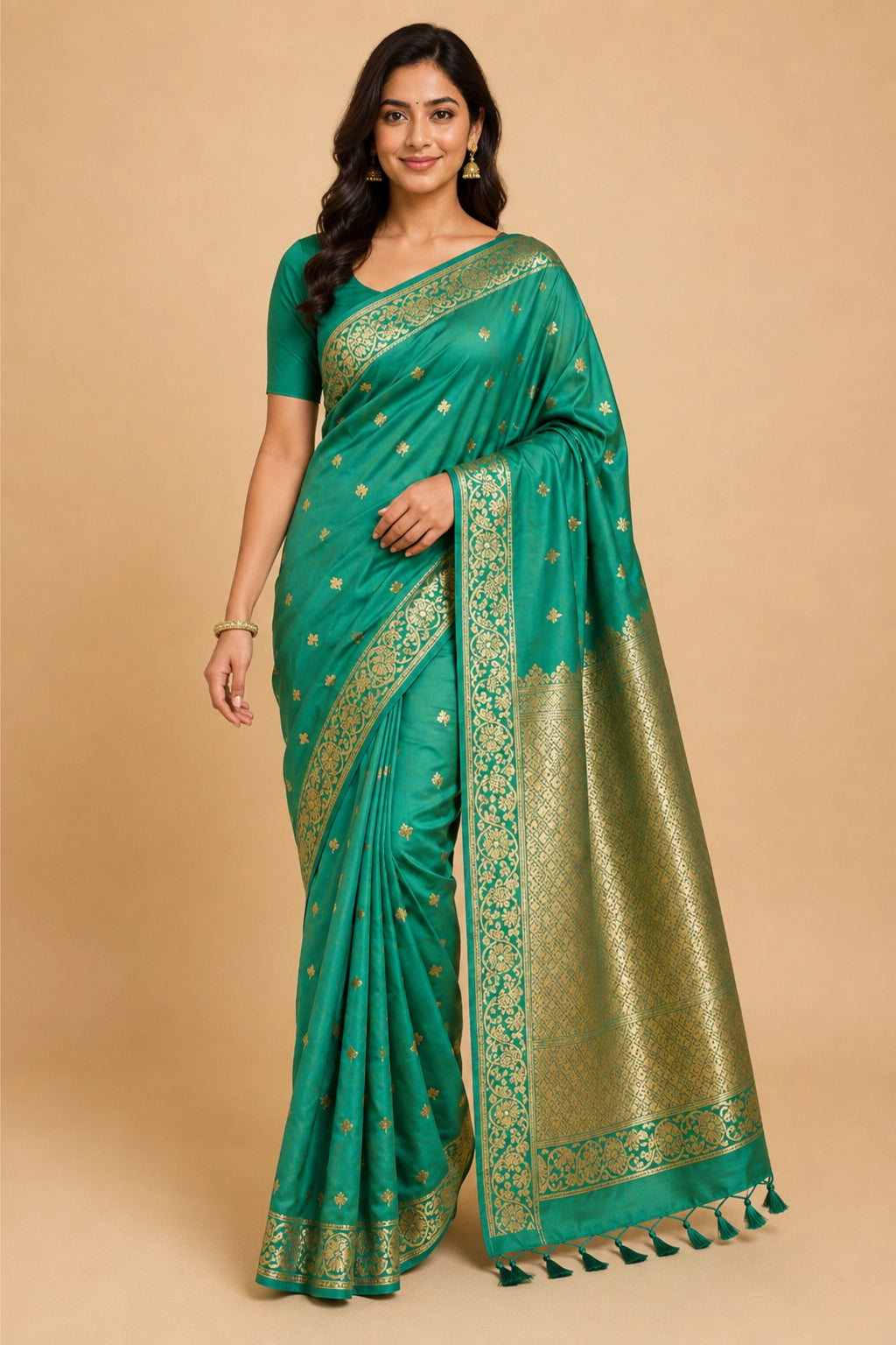 Sea Green Banarasi-Inspired Silk Saree with Gold Zari Border