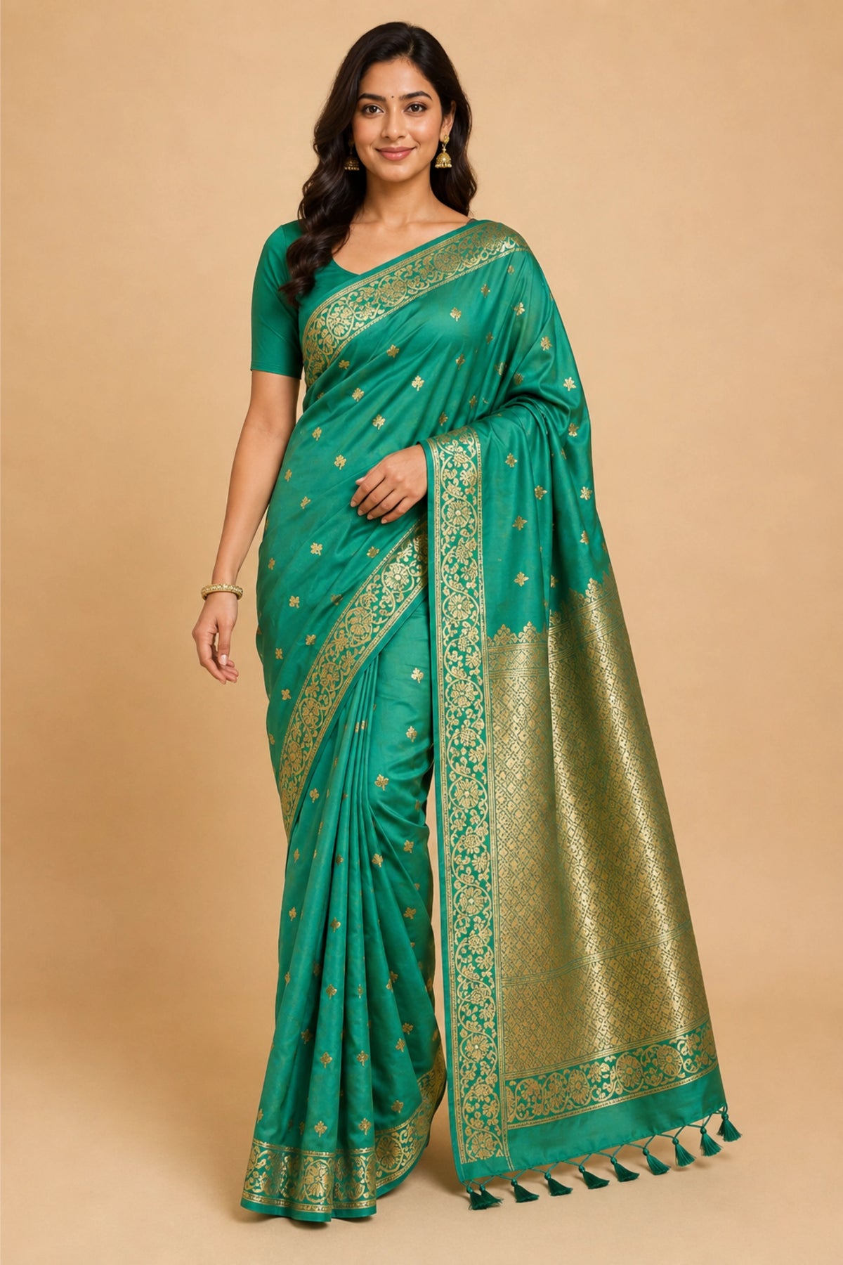 Sea Green Banarasi-Inspired Silk Saree with Gold Zari Border