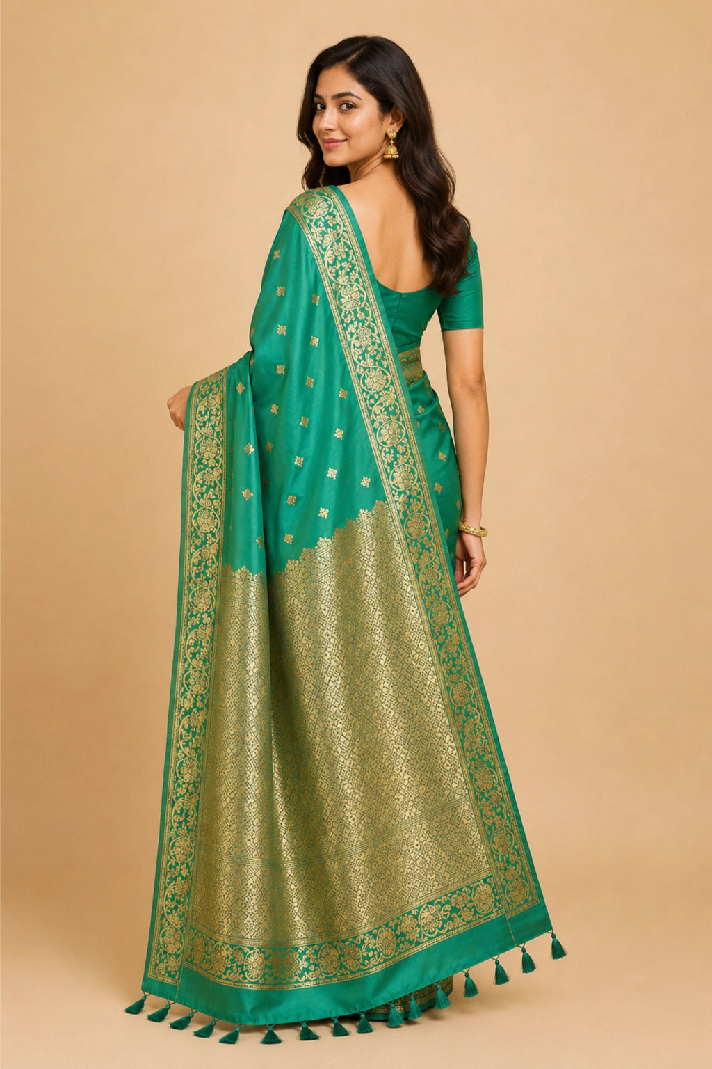 Sea Green Banarasi-Inspired Silk Saree with Gold Zari Border