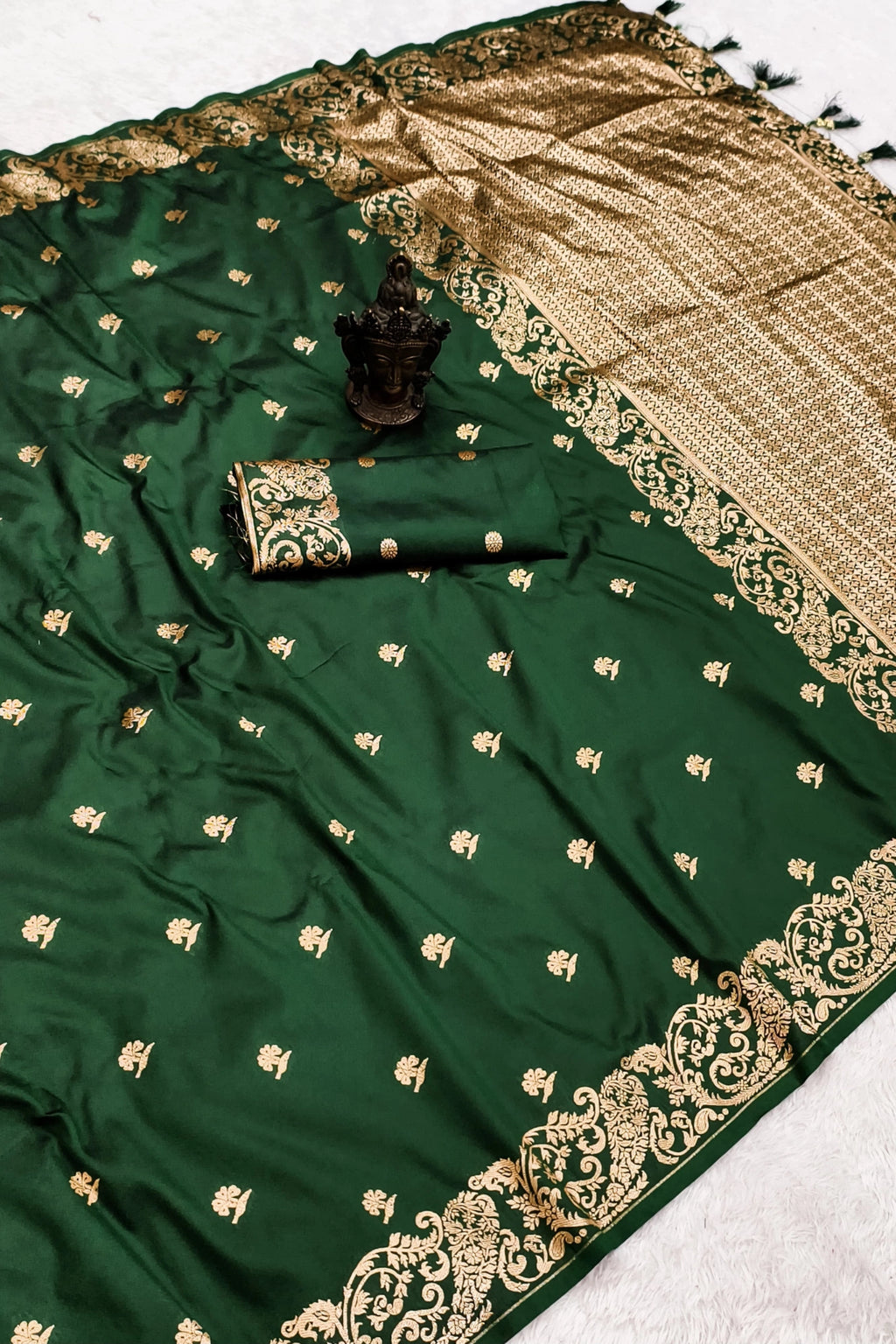 Emerald Green Banarasi-Inspired Silk Saree with Gold Zari Border