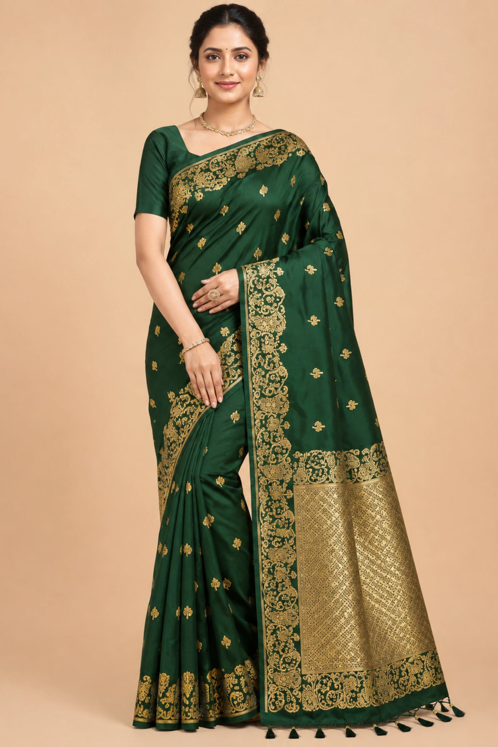 Emerald Green Banarasi-Inspired Silk Saree with Gold Zari Border