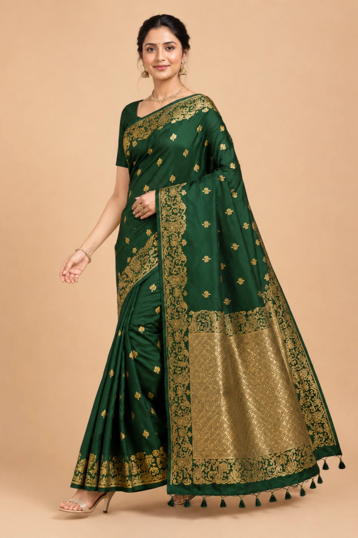 Emerald Green Banarasi-Inspired Silk Saree with Gold Zari Border