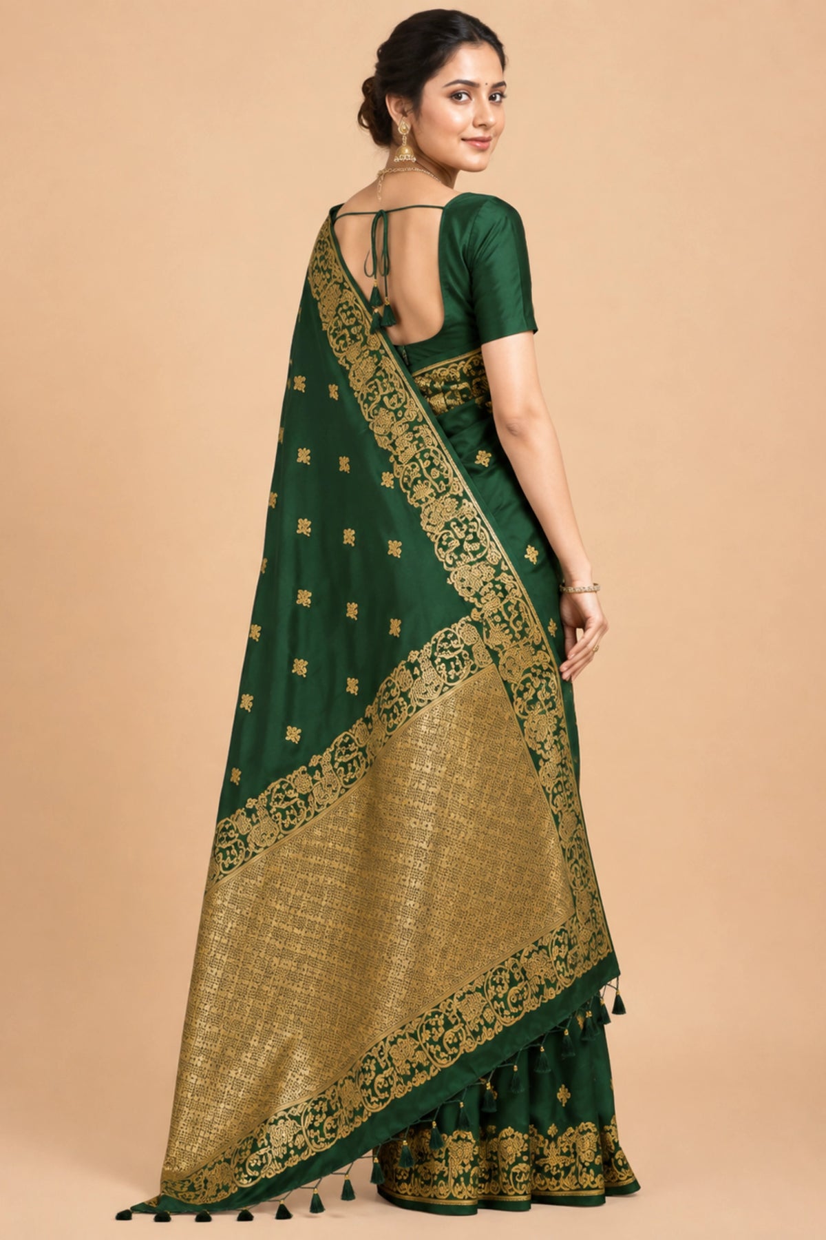 Emerald Green Banarasi-Inspired Silk Saree with Gold Zari Border