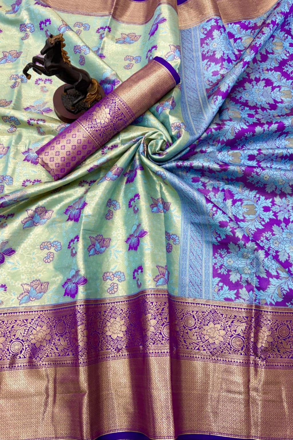 Pista Green Banarasi-Inspired Silk Saree with Purple Zari Border