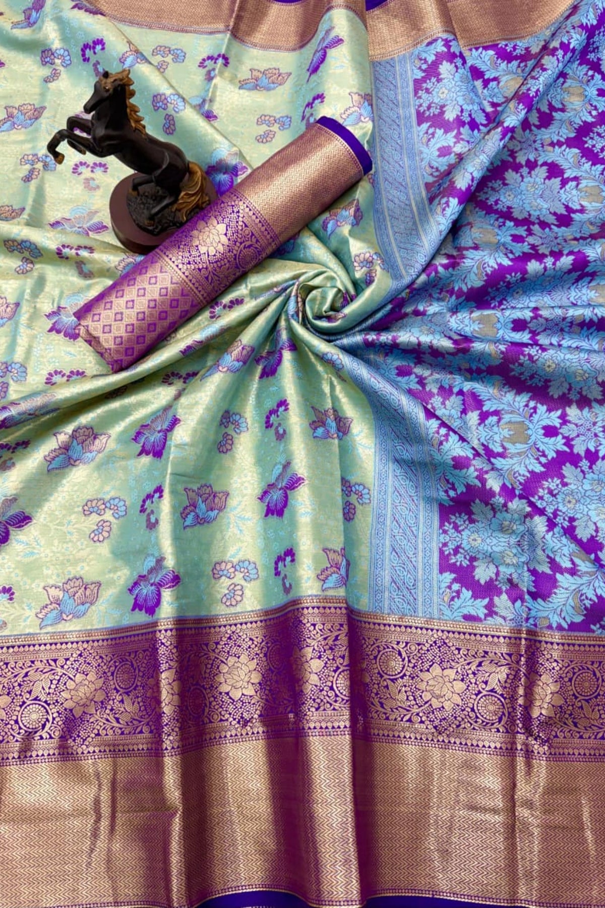 Pista Green Banarasi-Inspired Silk Saree with Purple Zari Border