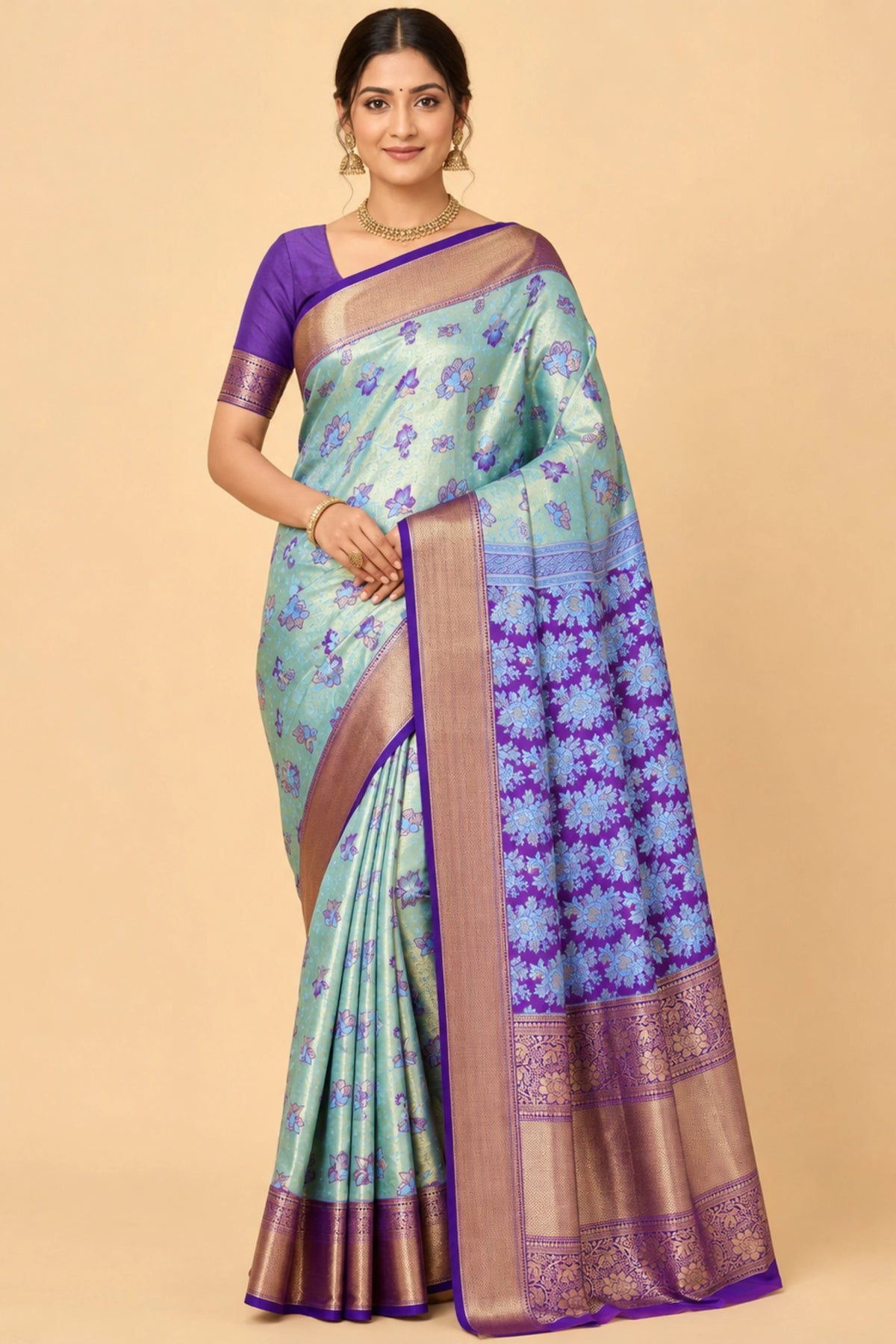 Pista Green Banarasi-Inspired Silk Saree with Purple Zari Border