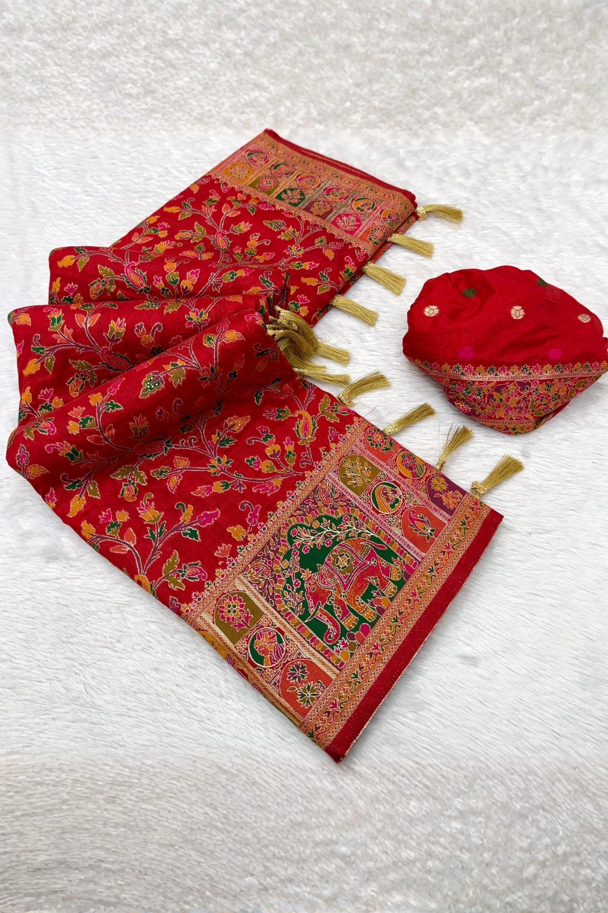 Scarlet Red Paithani-Inspired Floral Saree with Elephant Border