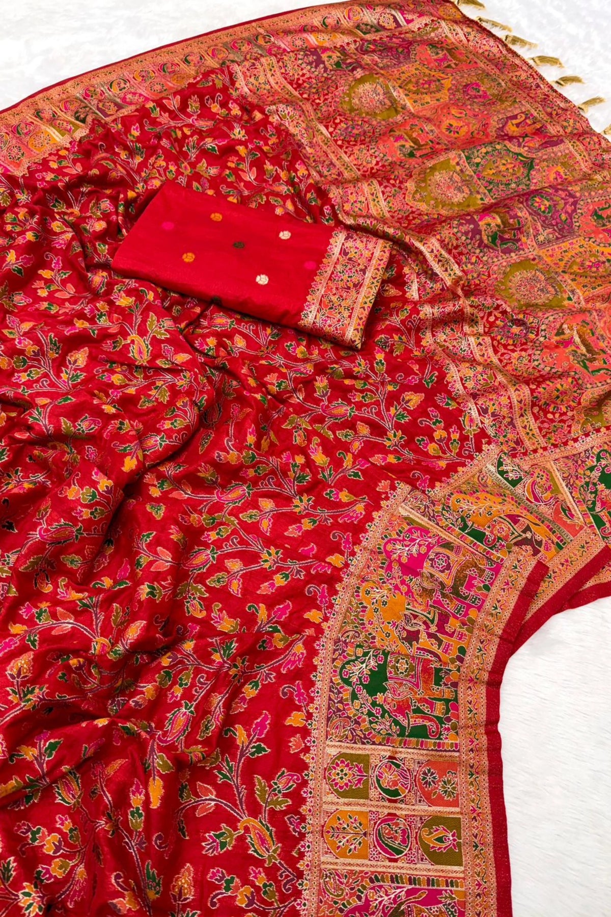 Scarlet Red Paithani-Inspired Floral Saree with Elephant Border