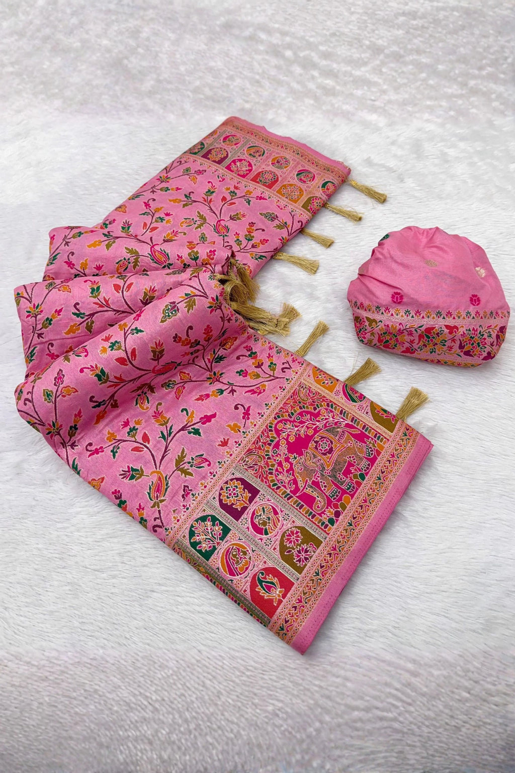 Rose Pink Paithani-Inspired Floral Saree with Elephant Border