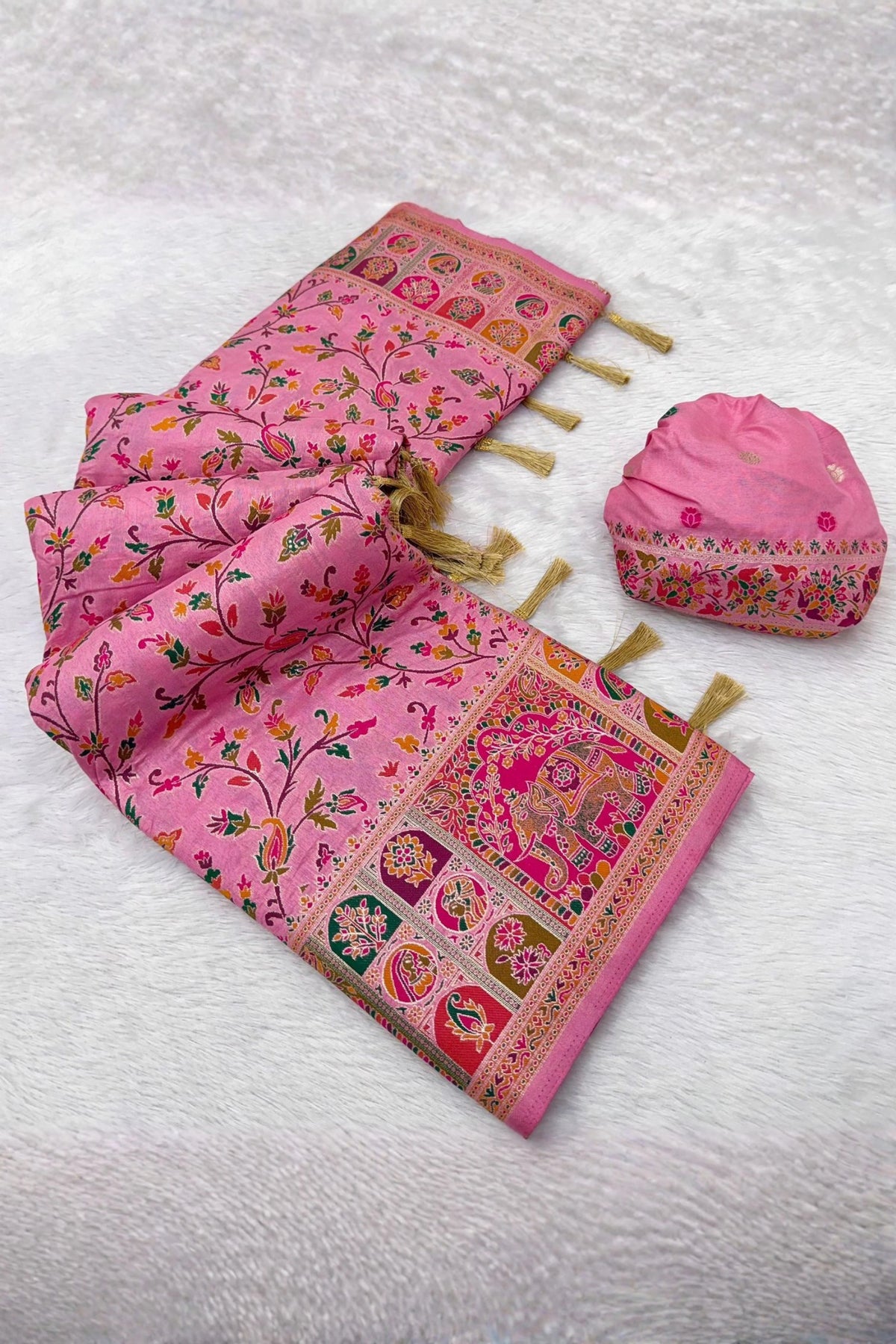Rose Pink Paithani-Inspired Floral Saree with Elephant Border