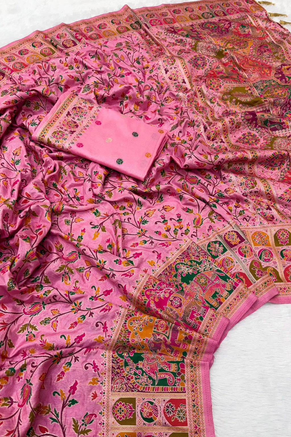 Rose Pink Paithani-Inspired Floral Saree with Elephant Border