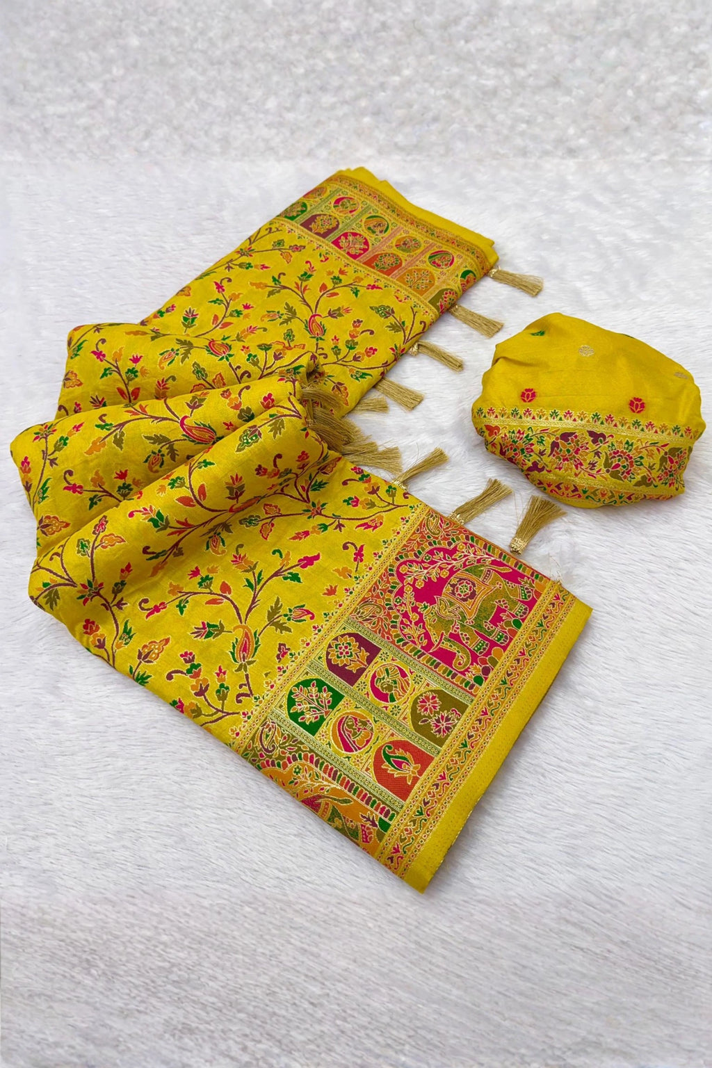 Mustard Yellow Paithani-Inspired Floral Saree with Elephant Border