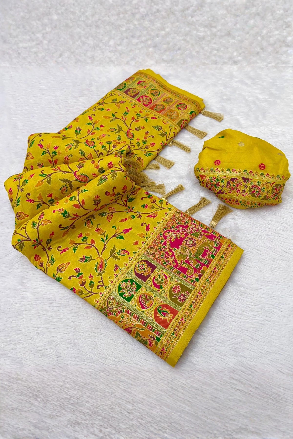 Mustard Yellow Paithani-Inspired Floral Saree with Elephant Border