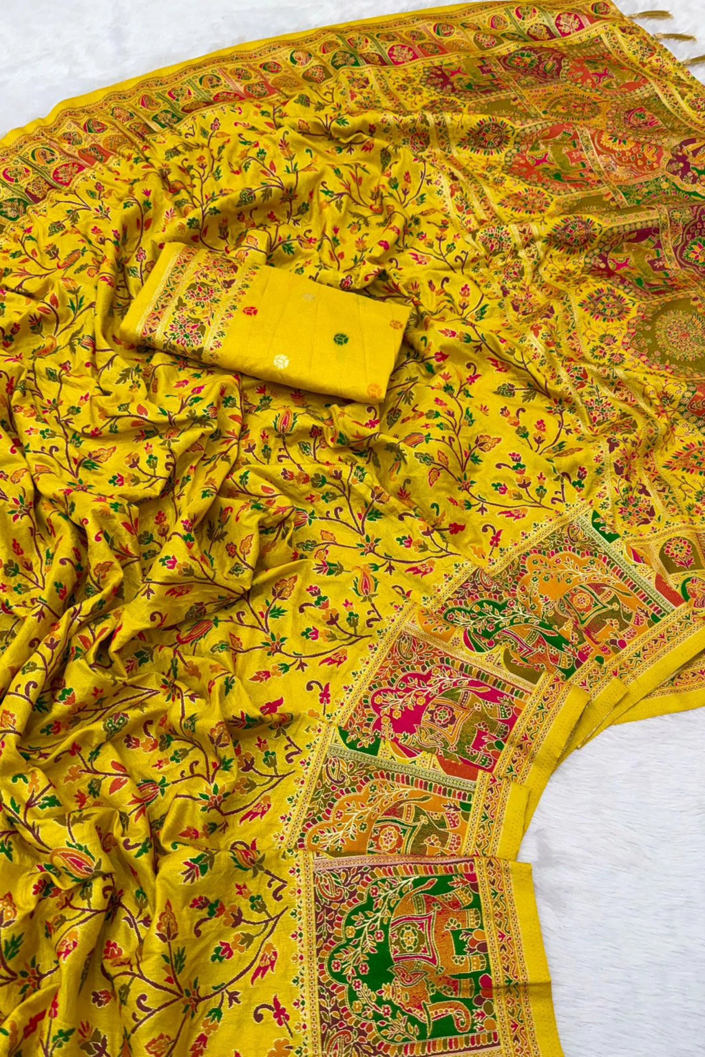 Mustard Yellow Paithani-Inspired Floral Saree with Elephant Border
