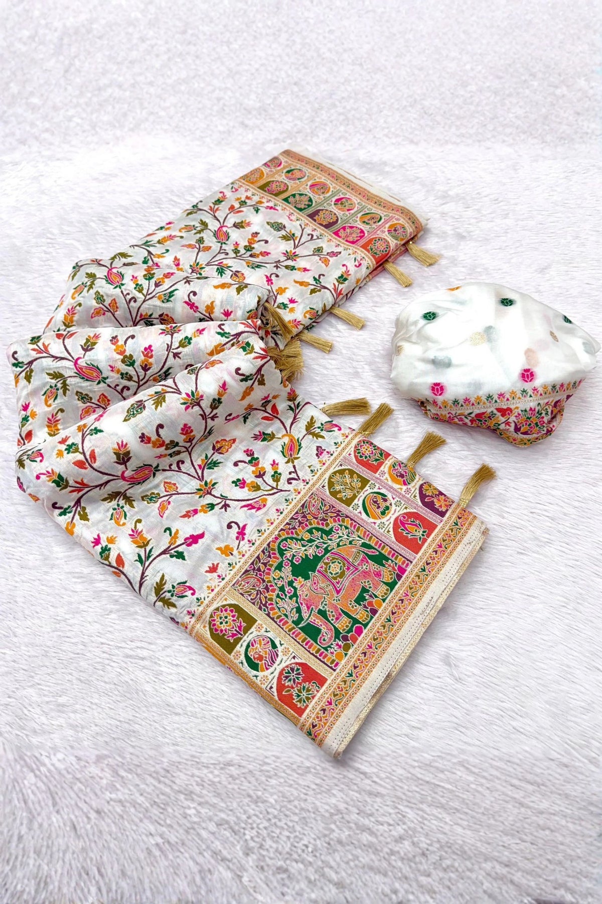 Ivory Paithani-Inspired Floral Saree with Elephant Border