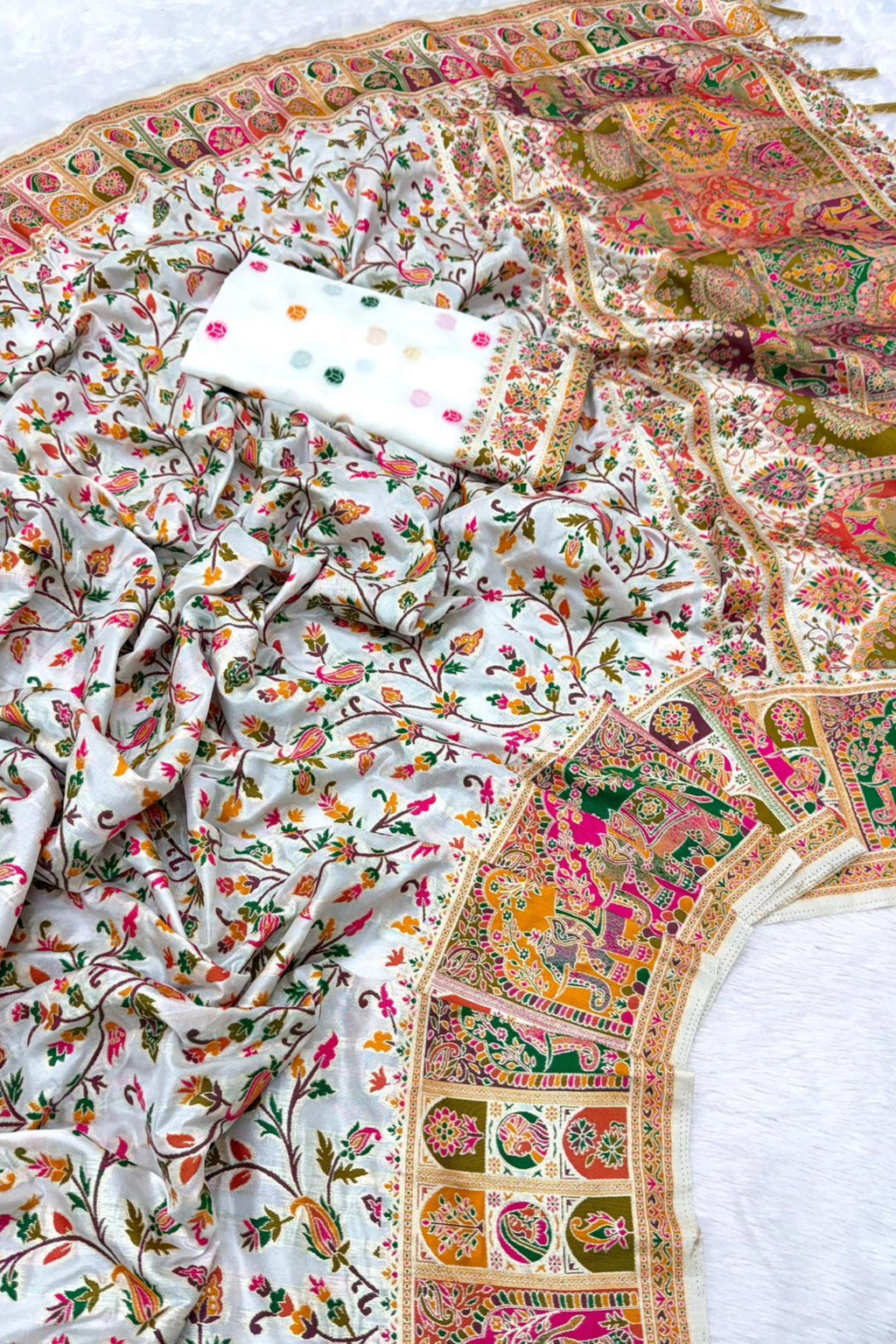 Ivory Paithani-Inspired Floral Saree with Elephant Border