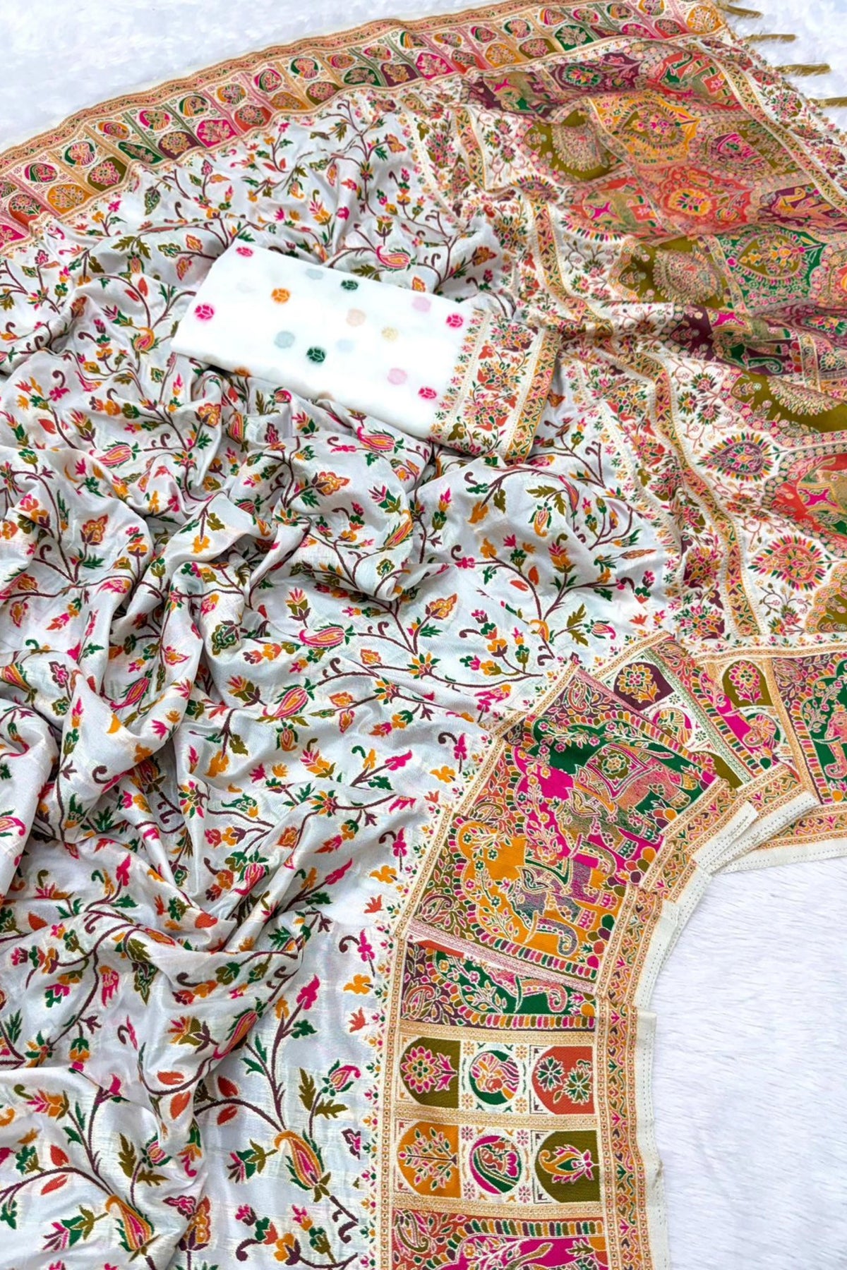 Ivory Paithani-Inspired Floral Saree with Elephant Border