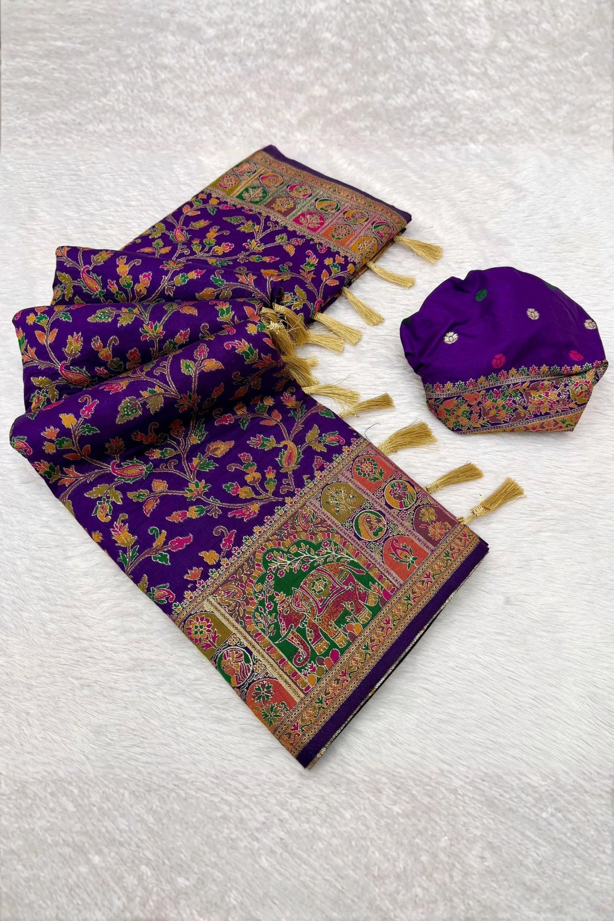 Royal Purple Paithani-Inspired Floral Saree with Elephant Border