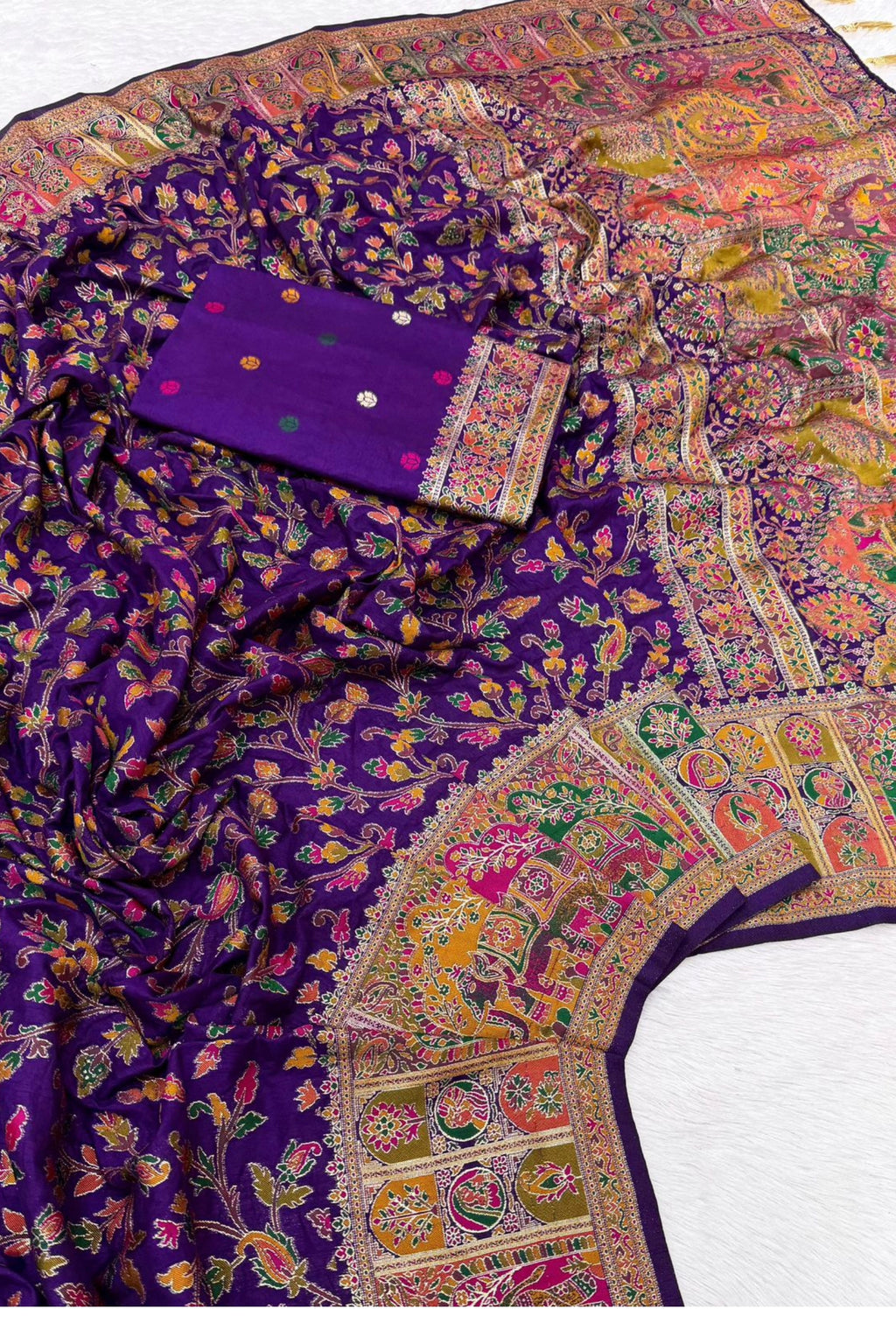 Royal Purple Paithani-Inspired Floral Saree with Elephant Border