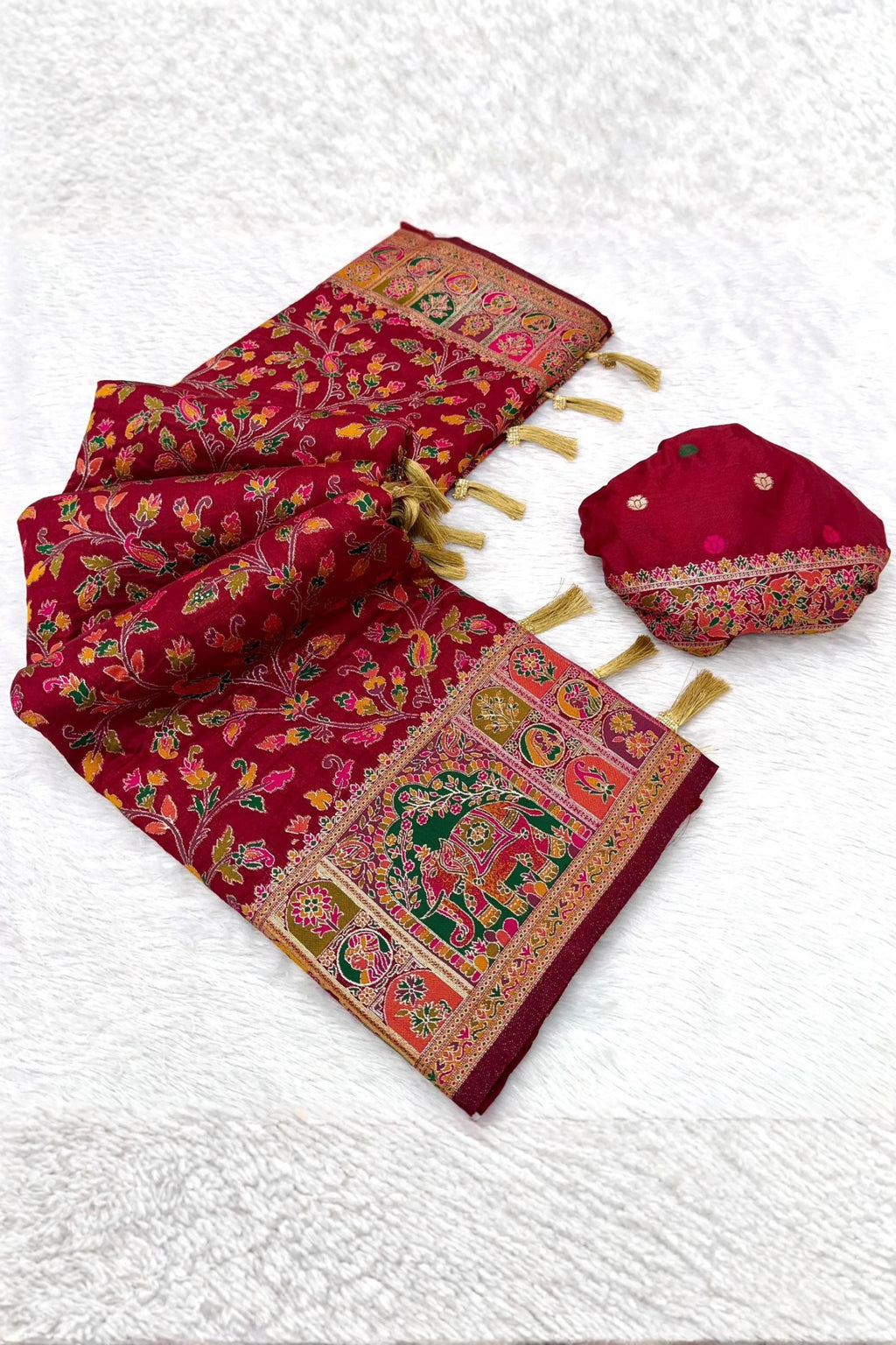 Wine Maroon Paithani-Inspired Floral Saree with Elephant Border
