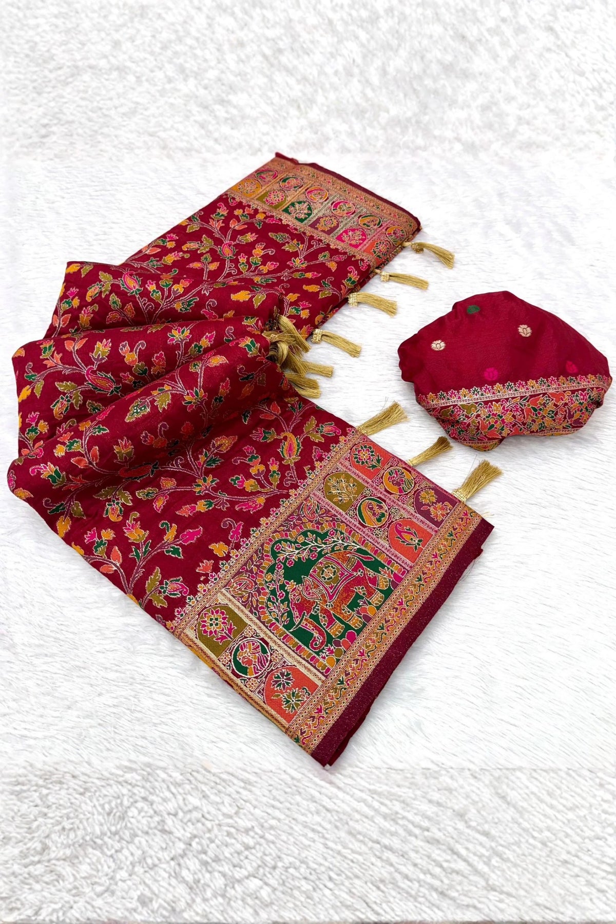 Wine Maroon Paithani-Inspired Floral Saree with Elephant Border