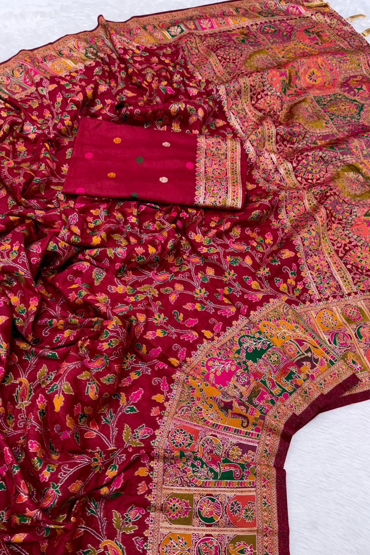 Wine Maroon Paithani-Inspired Floral Saree with Elephant Border