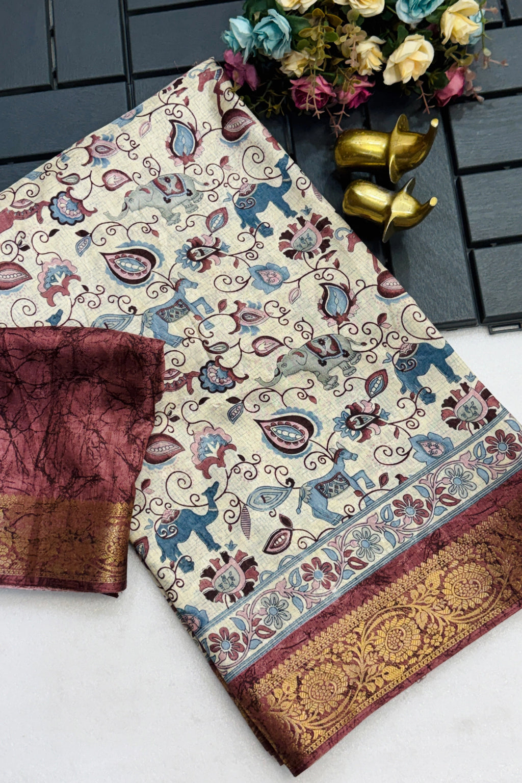 Ivory Kalamkari Saree with Maroon Zari Border