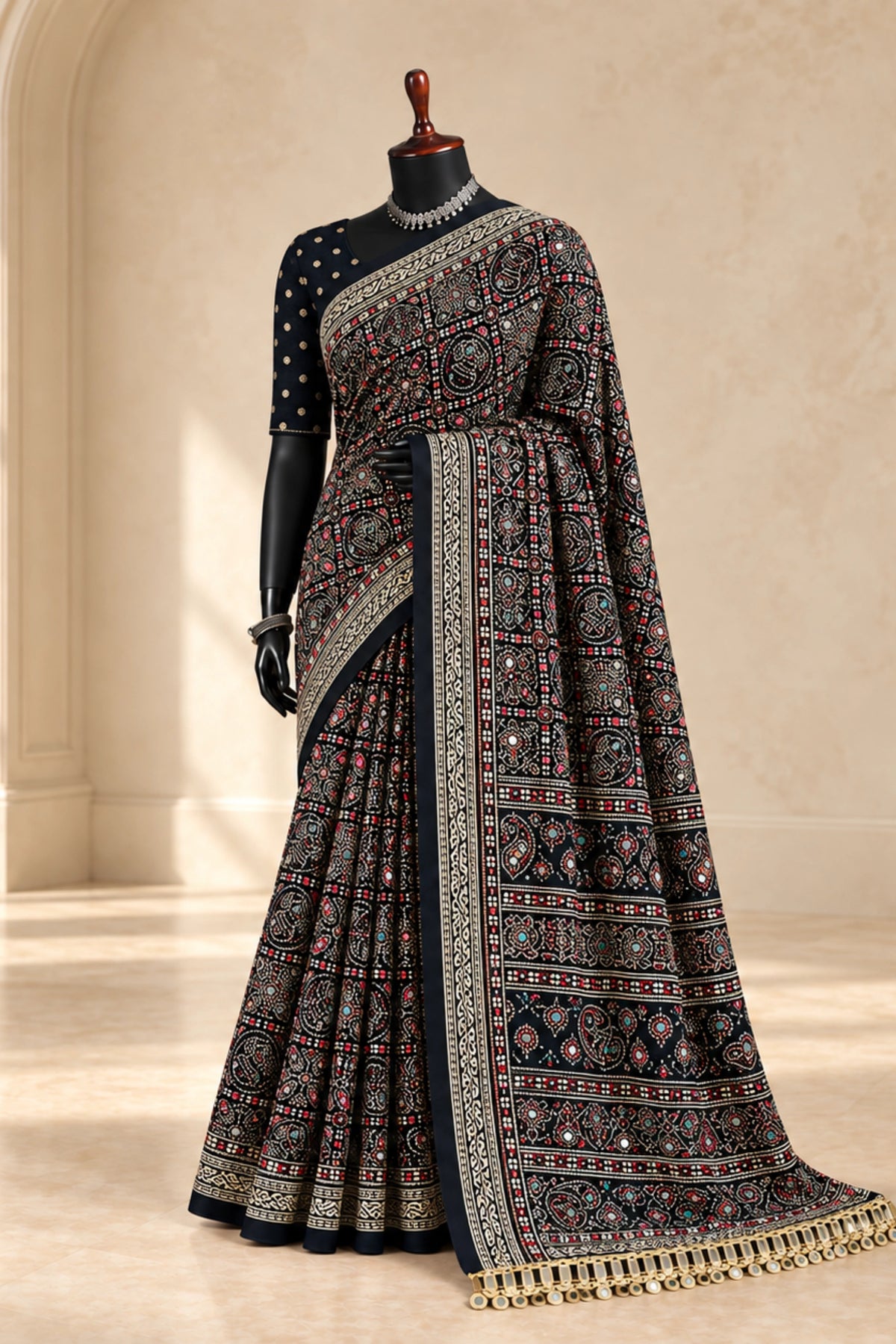Black Pure Ajrakh Silk Saree