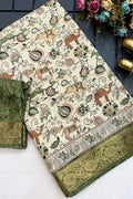 Ivory Kalamkari Saree with Olive Green Zari Border