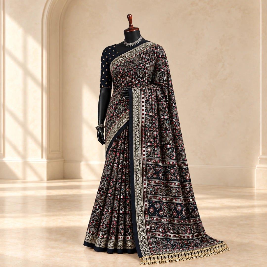 Black Pure Ajrakh Silk Saree