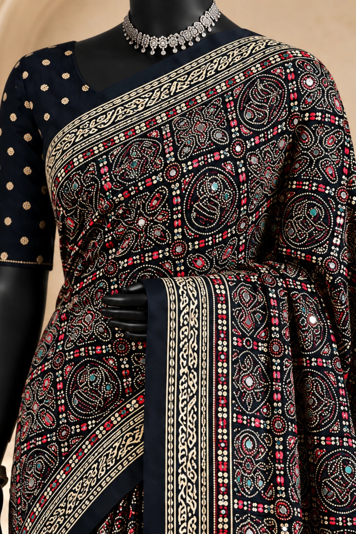 Black Pure Ajrakh Silk Saree
