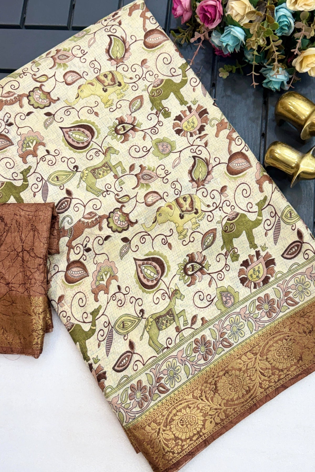Ivory Kalamkari Saree with Rust Brown Zari Border