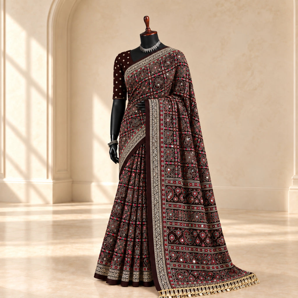 Deep Brown Pure Ajrakh Silk Saree