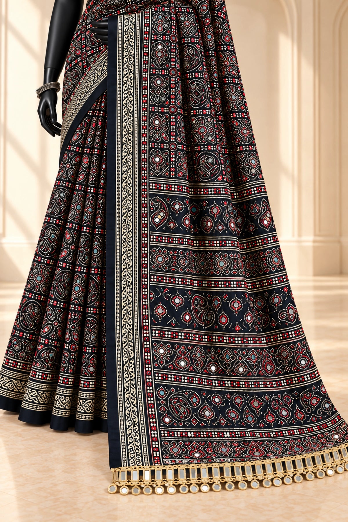Black Pure Ajrakh Silk Saree
