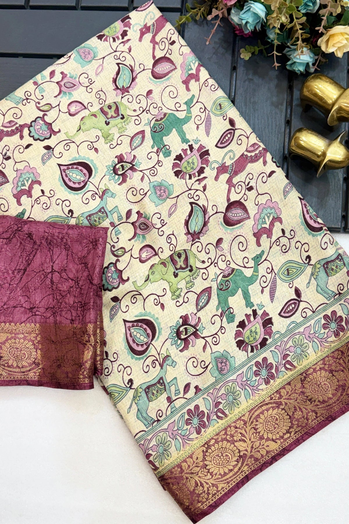 Ivory Kalamkari Saree with Wine Zari Border